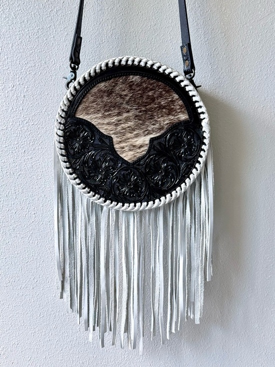 Leather Belles Handbags - Leather Belles Cowhide Tooled Leather Round Canteen Fringe Festival Western Bag